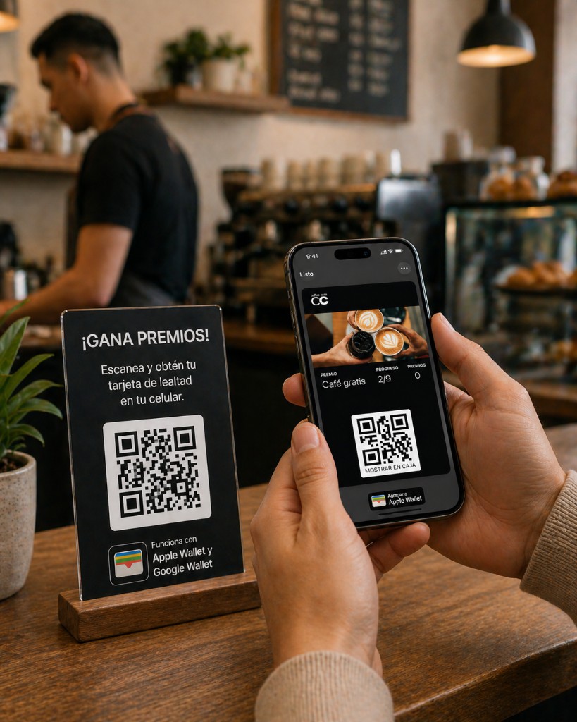 Cliente en cafetería escaneando un código QR en mostrador; en el teléfono se ve una tarjeta de lealtad digital con sellos y opción de agregar a Apple Wallet.