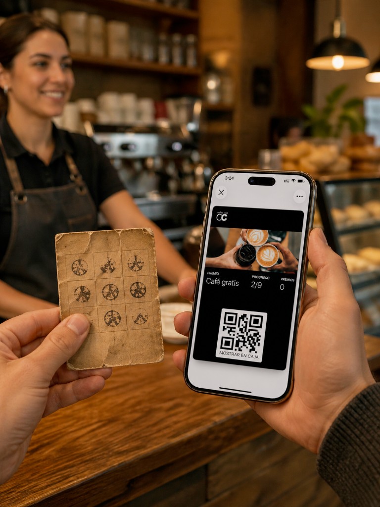 Comparación: tarjeta de sellos de papel desgastada junto a un smartphone con tarjeta de lealtad digital en Wallet.