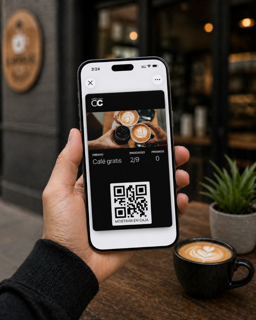Persona sosteniendo un iPhone con una tarjeta de lealtad digital: premio, progreso de sellos y código QR para mostrar en caja.