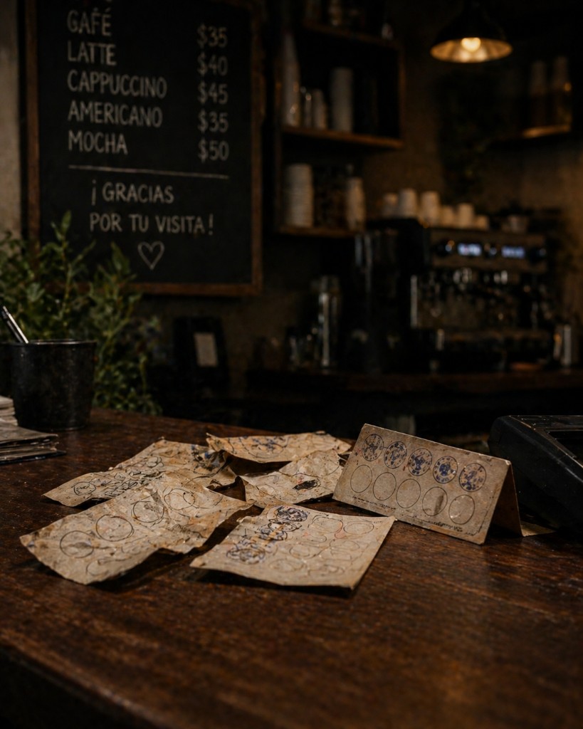 Varias tarjetas de sellos de papel arrugadas y sucias sobre la barra de una cafetería.
